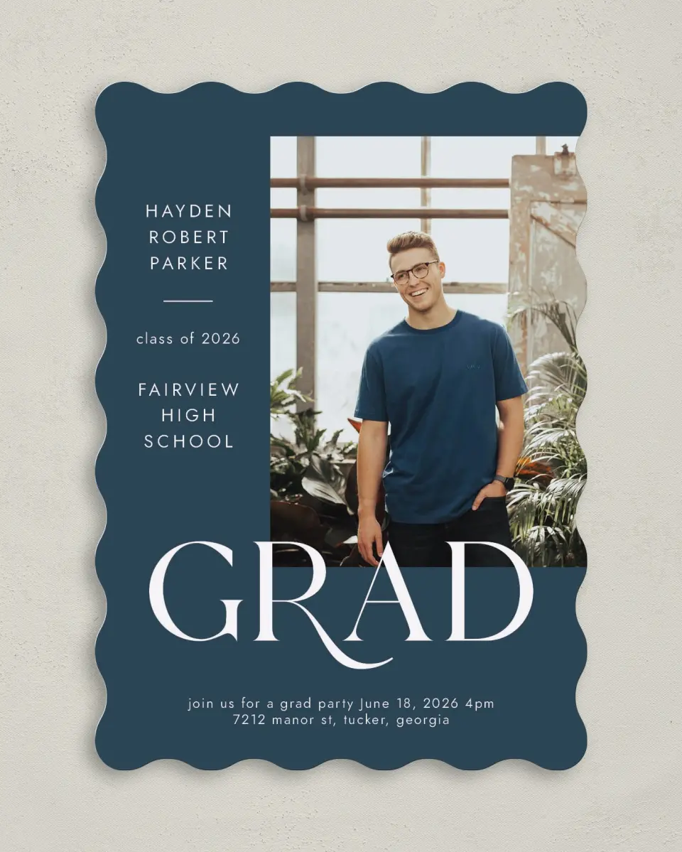 This is a 5" x 7" Graduation Announcement Card called Onward Grad printed in full color on Premium Smooth paper