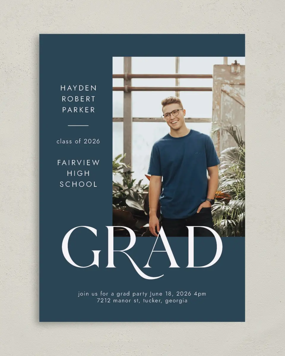 This is a 5" x 7" Graduation Announcement Card called Onward Grad printed in full color on Premium Smooth paper