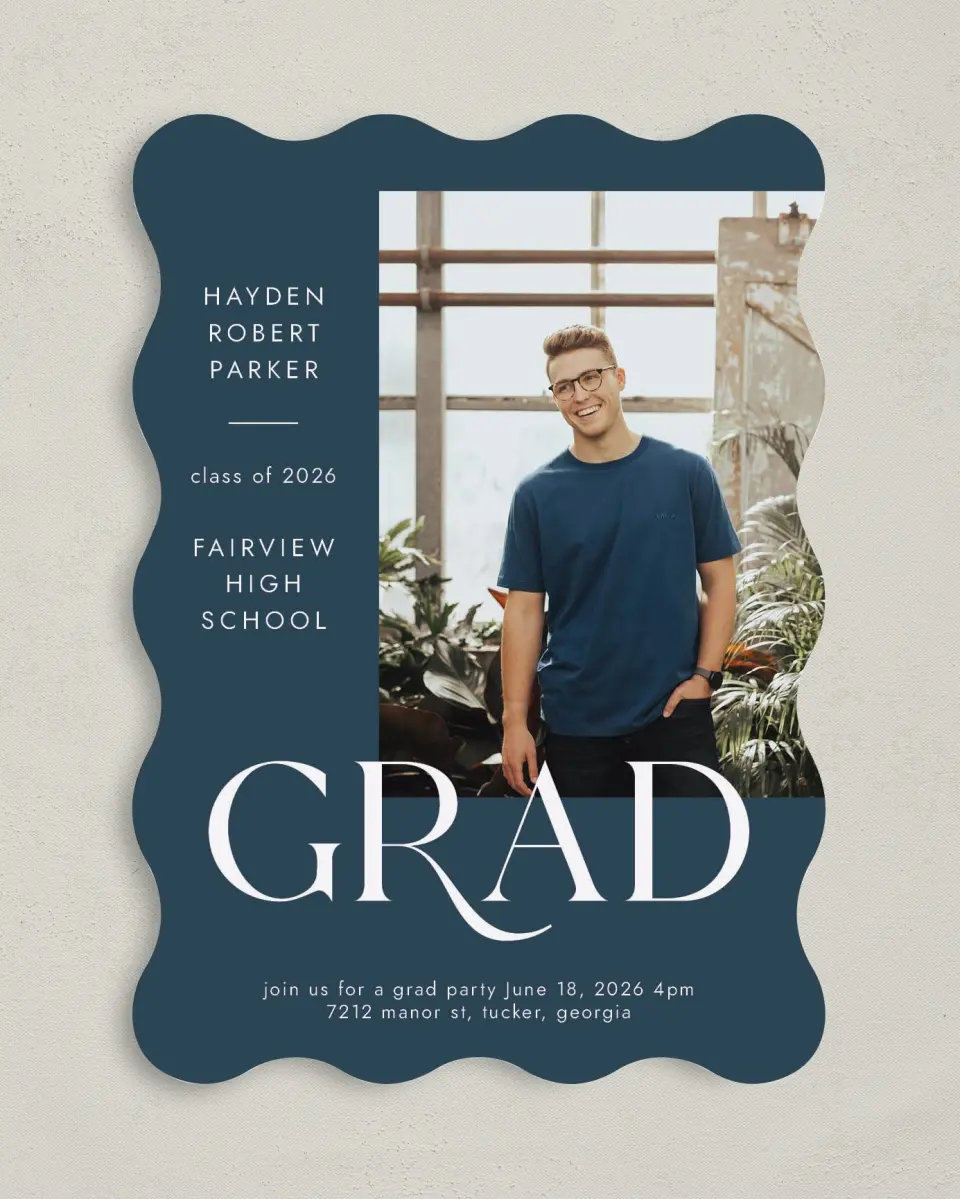 This is a 5" x 7" Graduation Announcement Card called Onward Grad printed in full color on Premium Smooth paper
