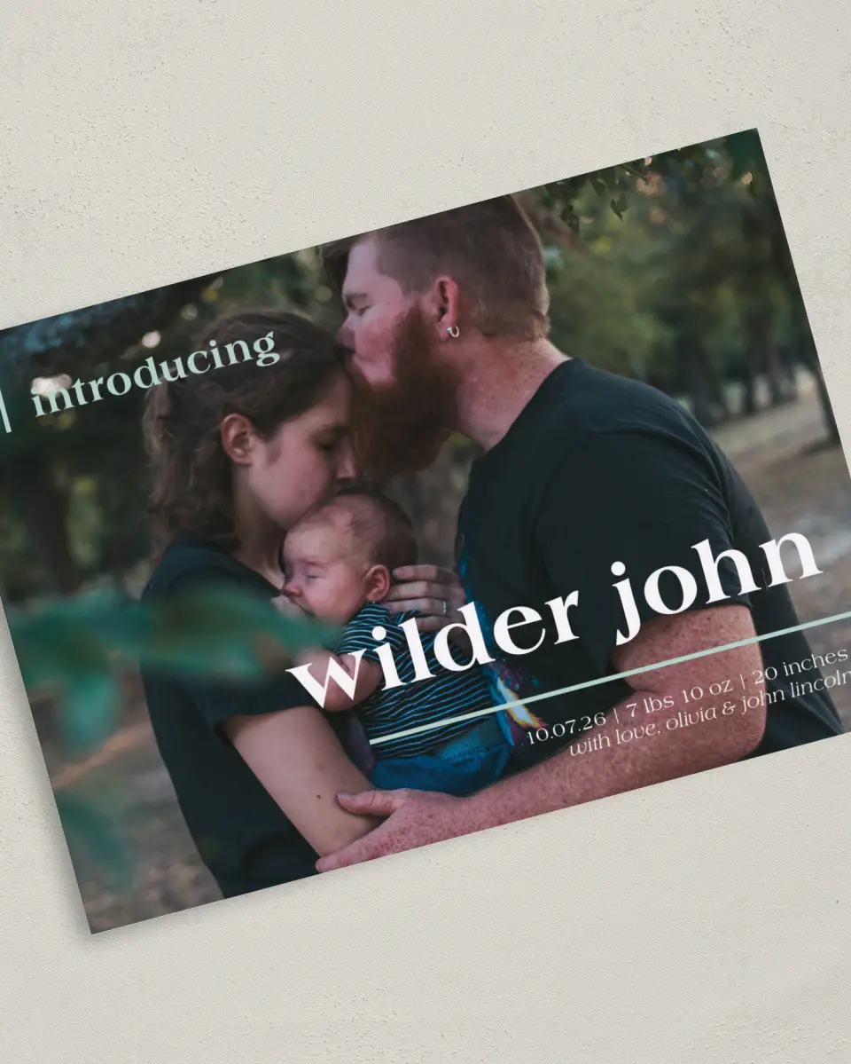 This is a 5" x 7" Birth Announcement Card called Introducing Babe printed in full color on Premium Smooth paper