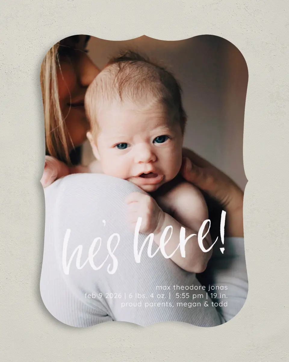 This is a 5" x 7" Birth Announcement Card called He's Present printed in full color on Premium Smooth paper
