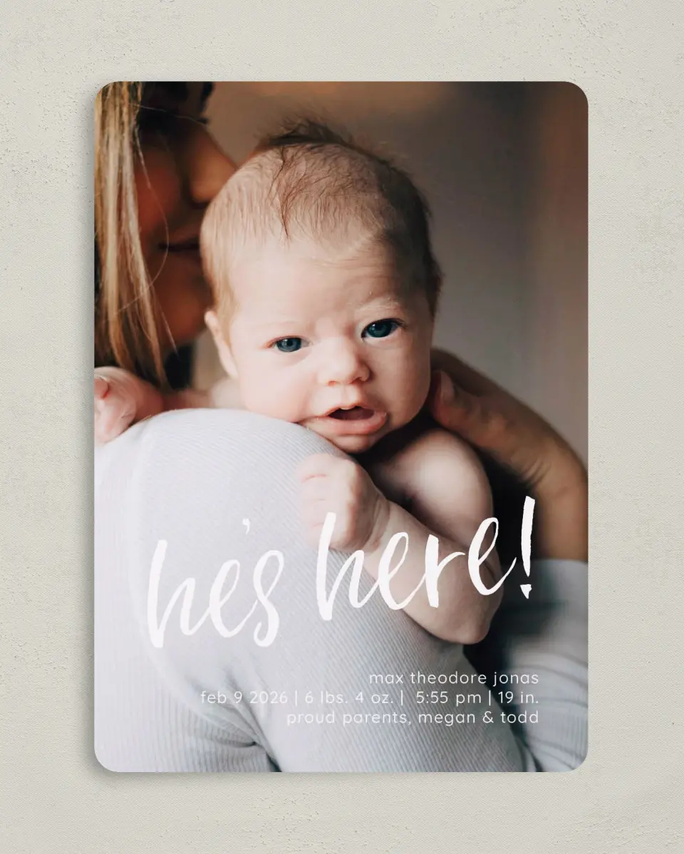 This is a 5" x 7" Birth Announcement Card called He's Present printed in full color on Premium Smooth paper