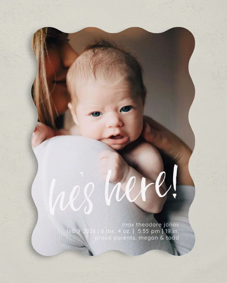 This is a 5" x 7" Birth Announcement Card called He's Present printed in full color on Premium Smooth paper