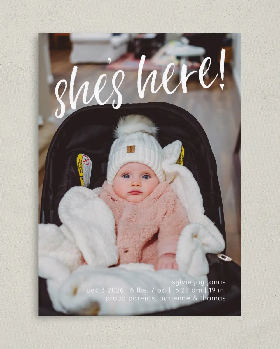 This is a 5" x 7" Birth Announcement Card called She's Present printed in full color on Premium Smooth paper
