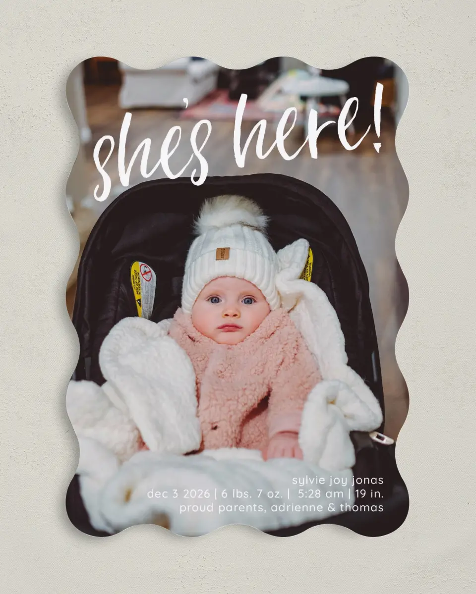 This is a 5" x 7" Birth Announcement Card called She's Present printed in full color on Premium Smooth paper