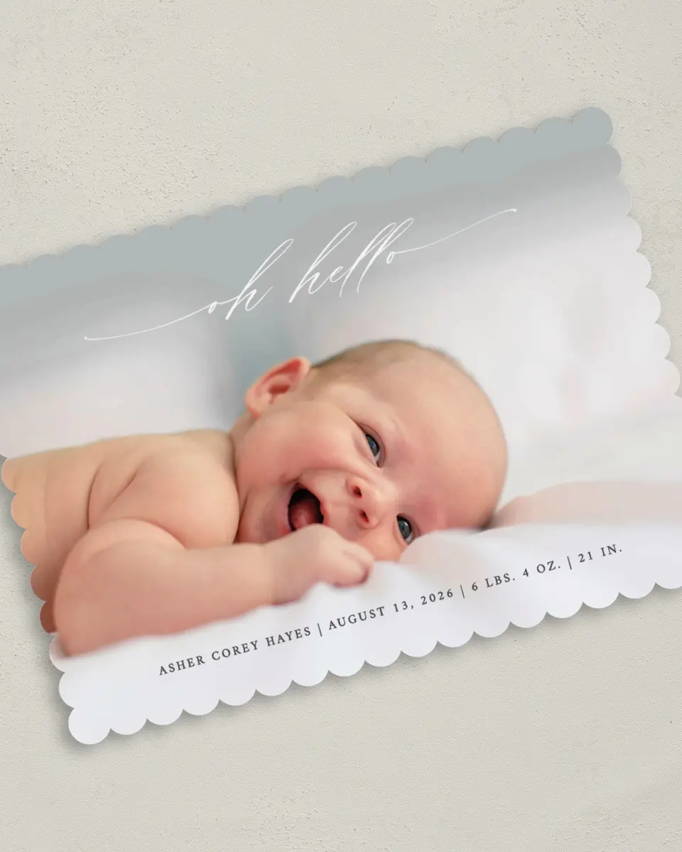 This is a 5" x 7" Birth Announcement Card called Oh Hello printed in full color on Premium Smooth paper
