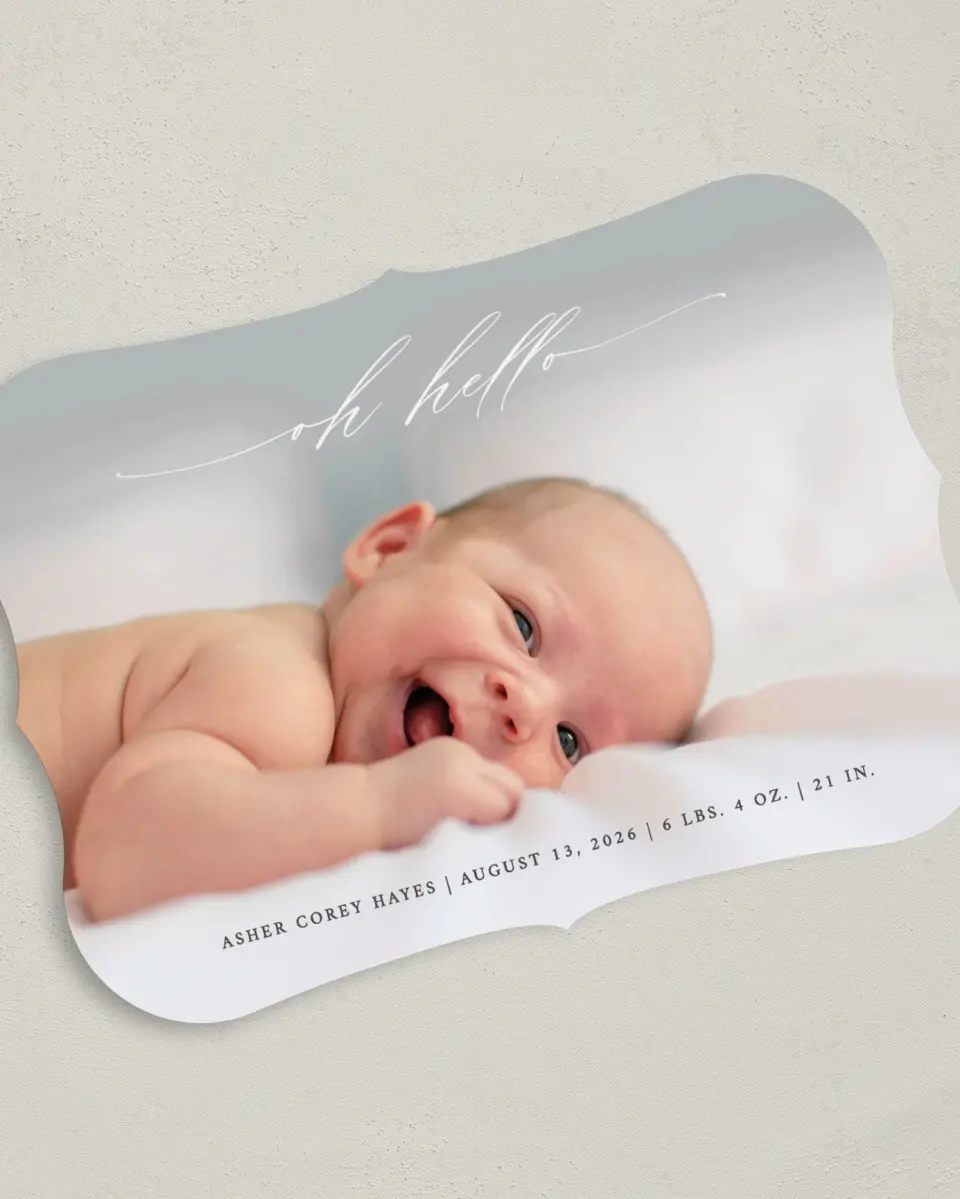 This is a 5" x 7" Birth Announcement Card called Oh Hello printed in full color on Premium Smooth paper