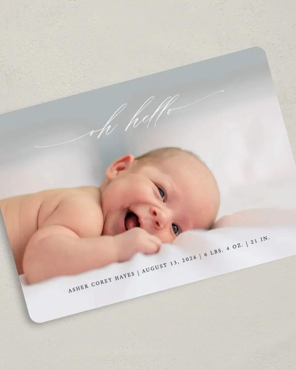 This is a 5" x 7" Birth Announcement Card called Oh Hello printed in full color on Premium Smooth paper