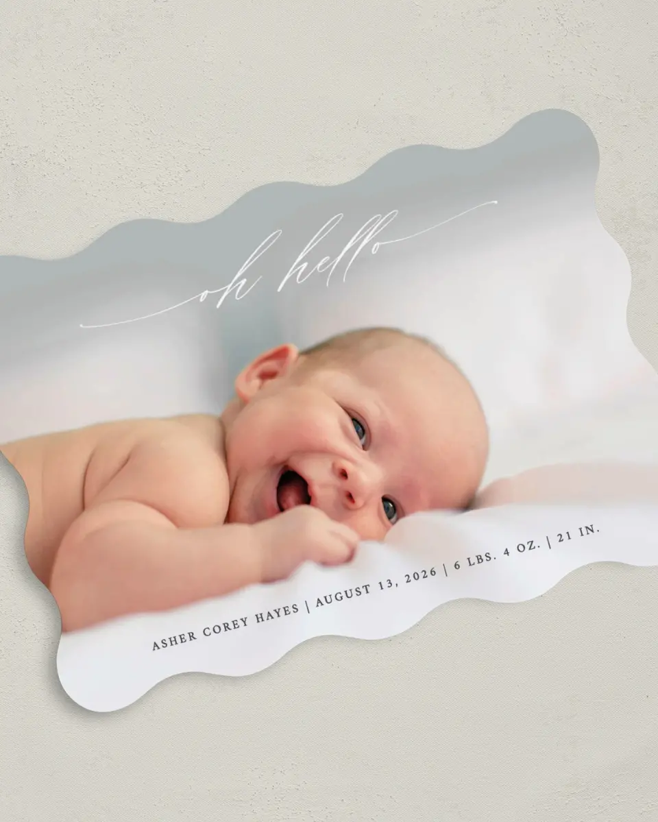 This is a 5" x 7" Birth Announcement Card called Oh Hello printed in full color on Premium Smooth paper
