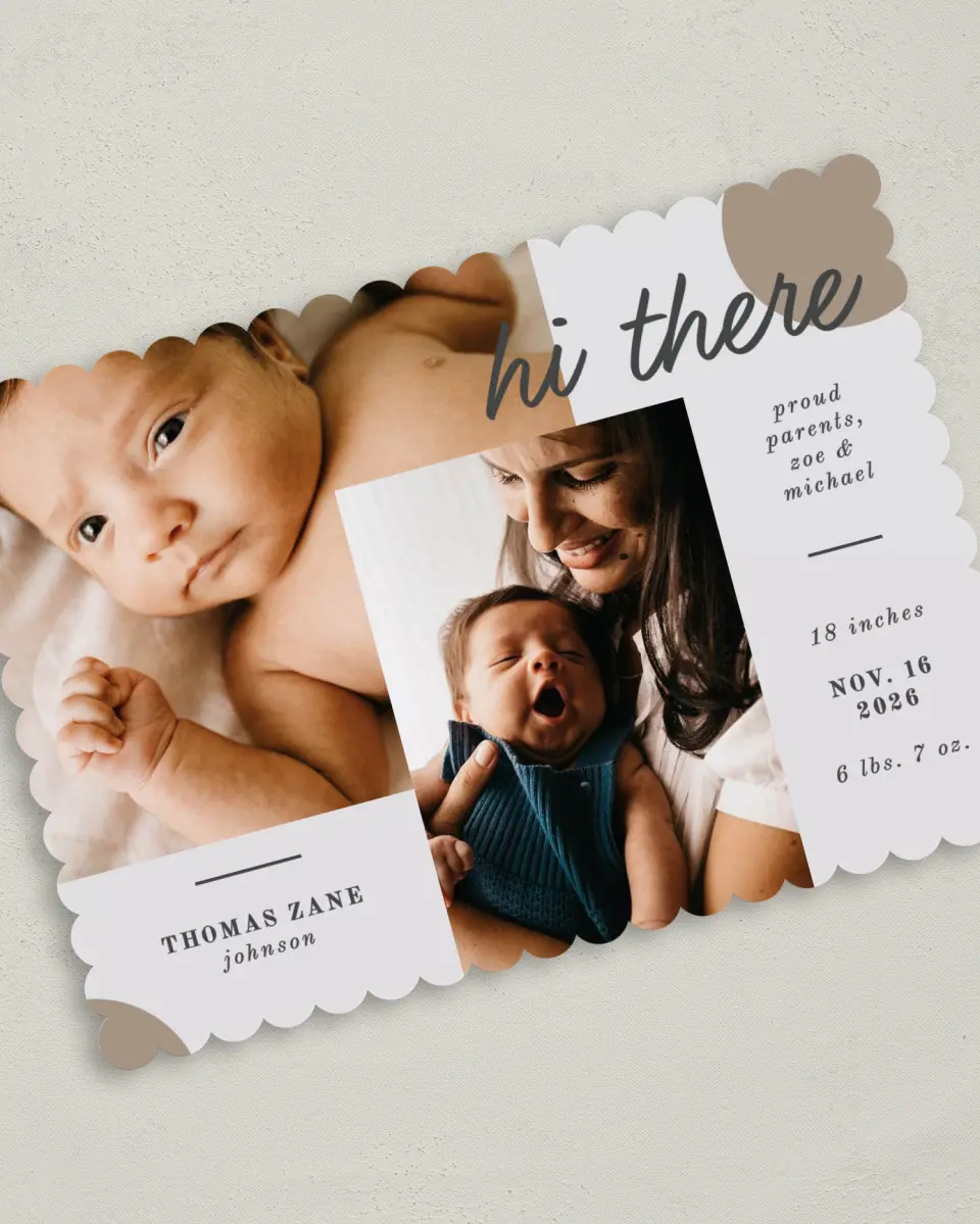This is a 5" x 7" Birth Announcement Card called Modern Spots printed in full color on Premium Smooth paper