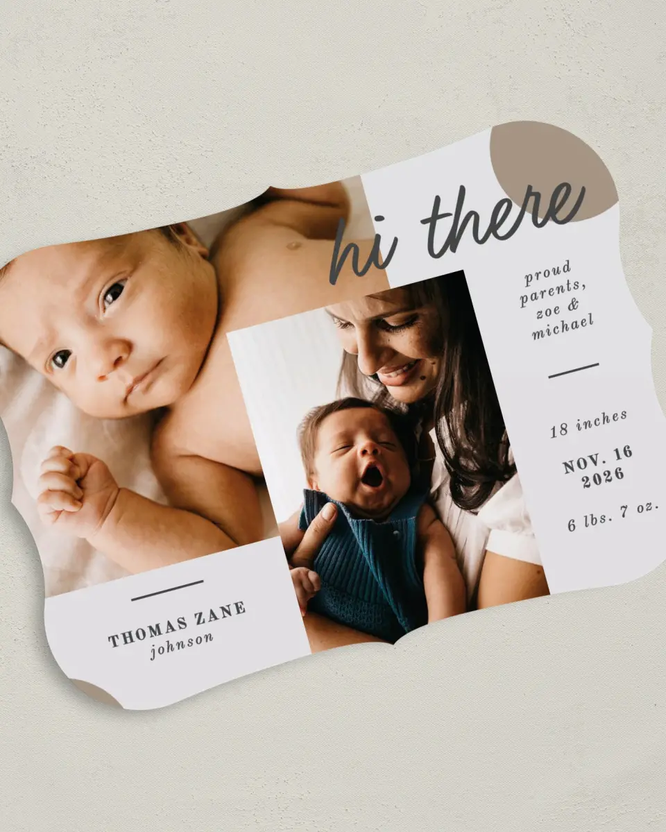 This is a 5" x 7" Birth Announcement Card called Modern Spots printed in full color on Premium Smooth paper