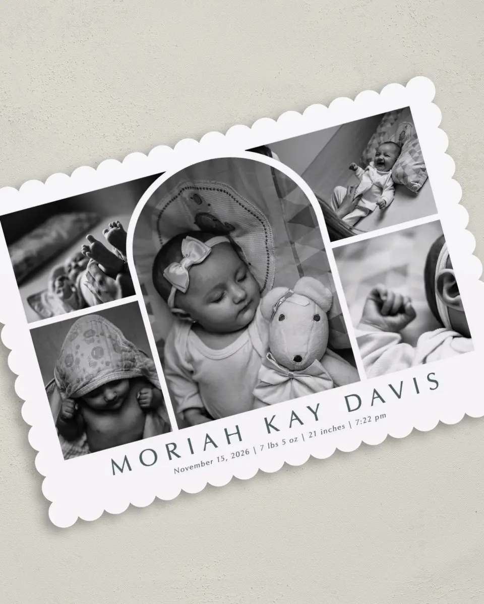 This is a 5" x 7" Birth Announcement Card called Photo Arch printed in full color with Silver foil on Luxe Satin (coated) paper