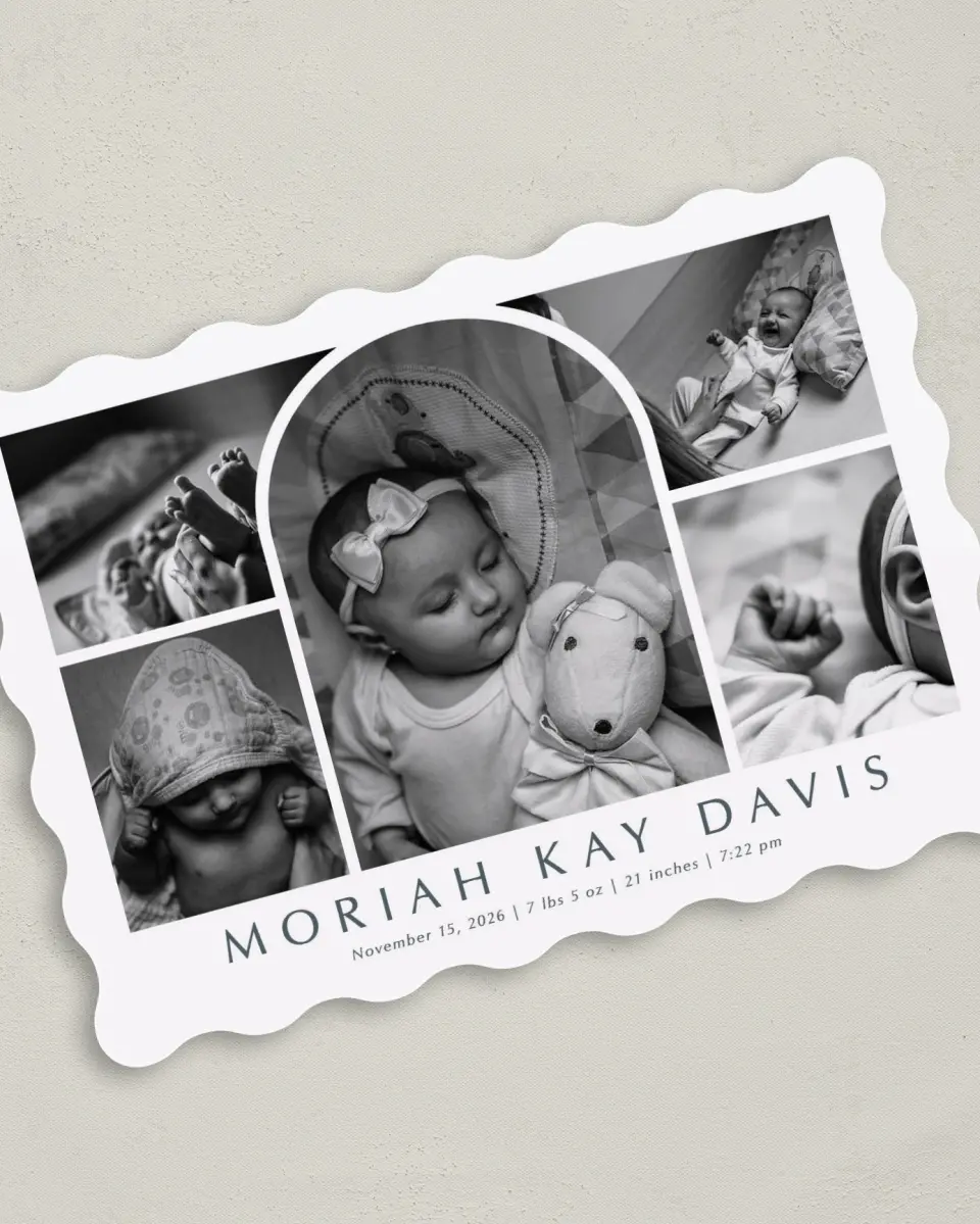This is a 5" x 7" Birth Announcement Card called Photo Arch printed in full color on Premium Smooth paper