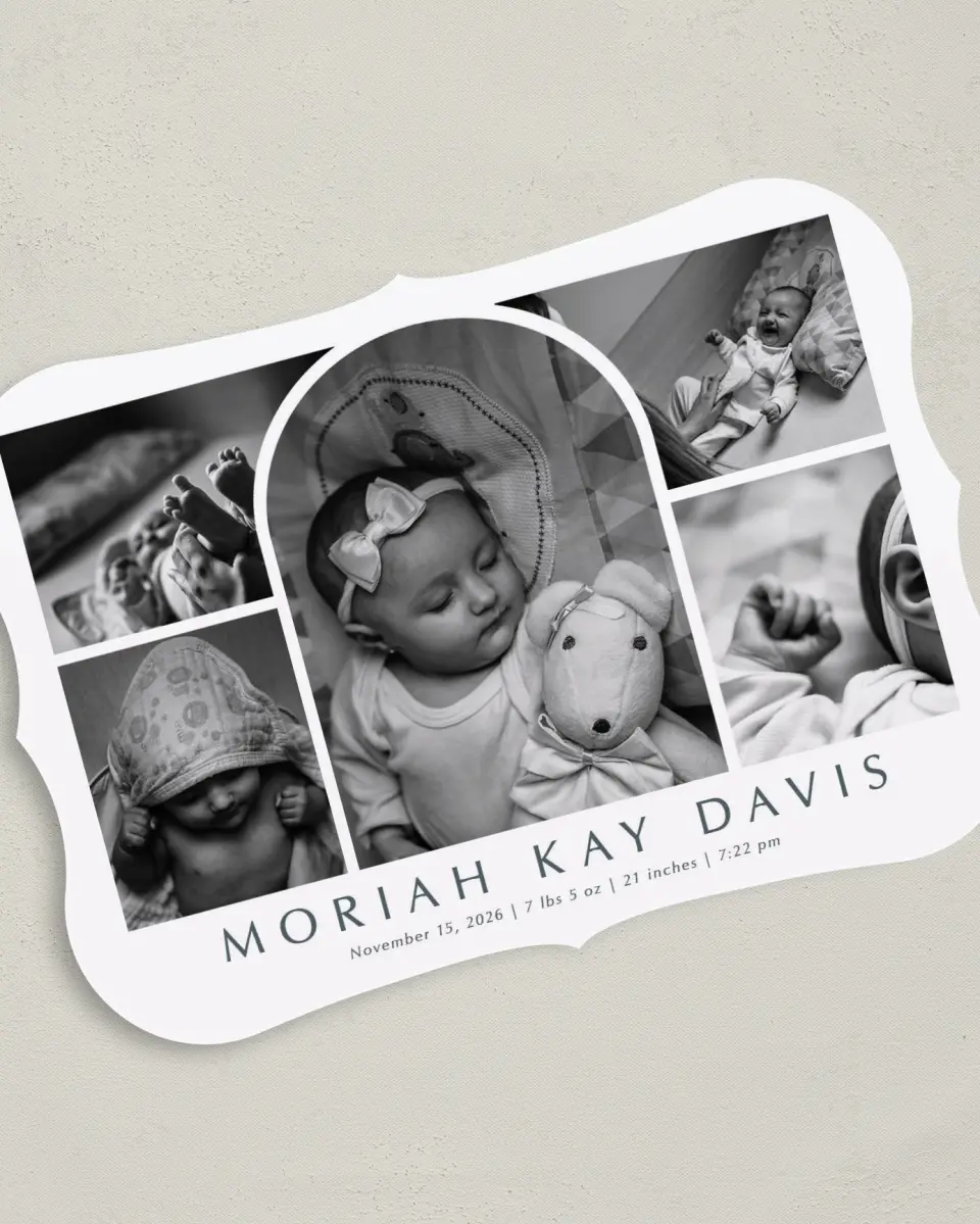 This is a 5" x 7" Birth Announcement Card called Photo Arch printed in full color on Premium Smooth paper