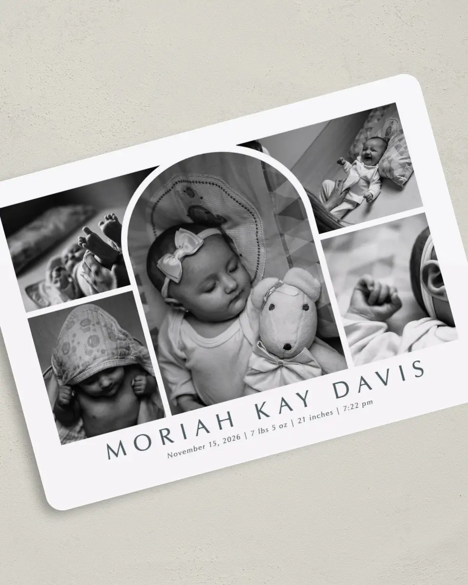 This is a 5" x 7" Birth Announcement Card called Photo Arch printed in full color on Premium Smooth paper