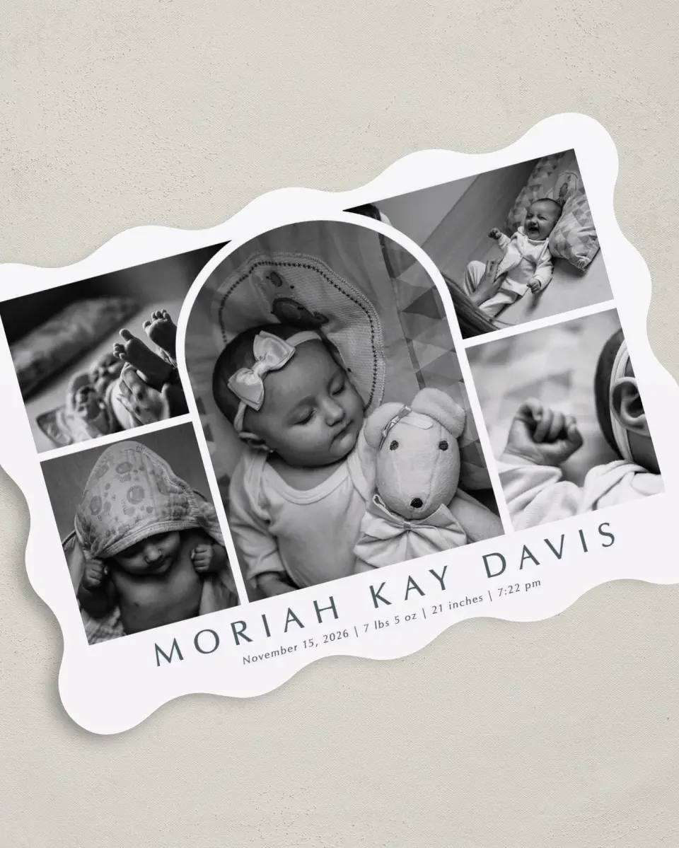 This is a 5" x 7" Birth Announcement Card called Photo Arch printed in full color on Premium Smooth paper