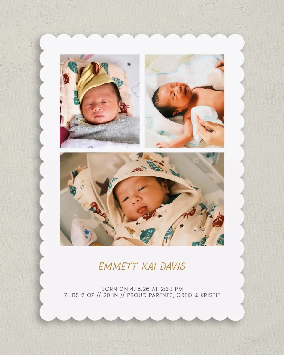 This is a 5" x 7" Birth Announcement Card called Natal Name printed in full color on Premium Smooth paper