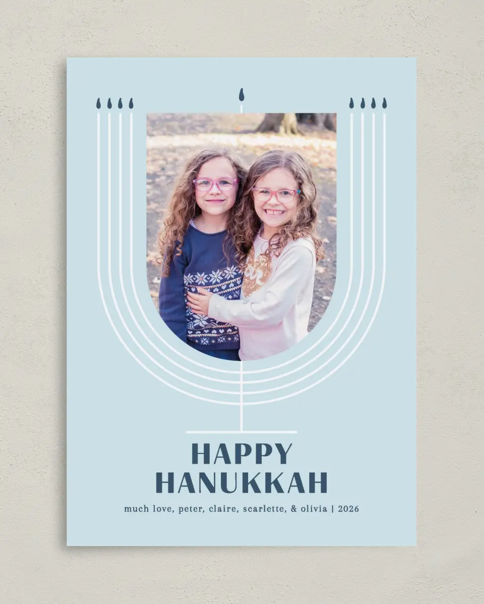 This is a 5" x 7" Hanukkah Card called Mod Menorah printed in full color with Silver foil on Luxe Satin (coated) paper