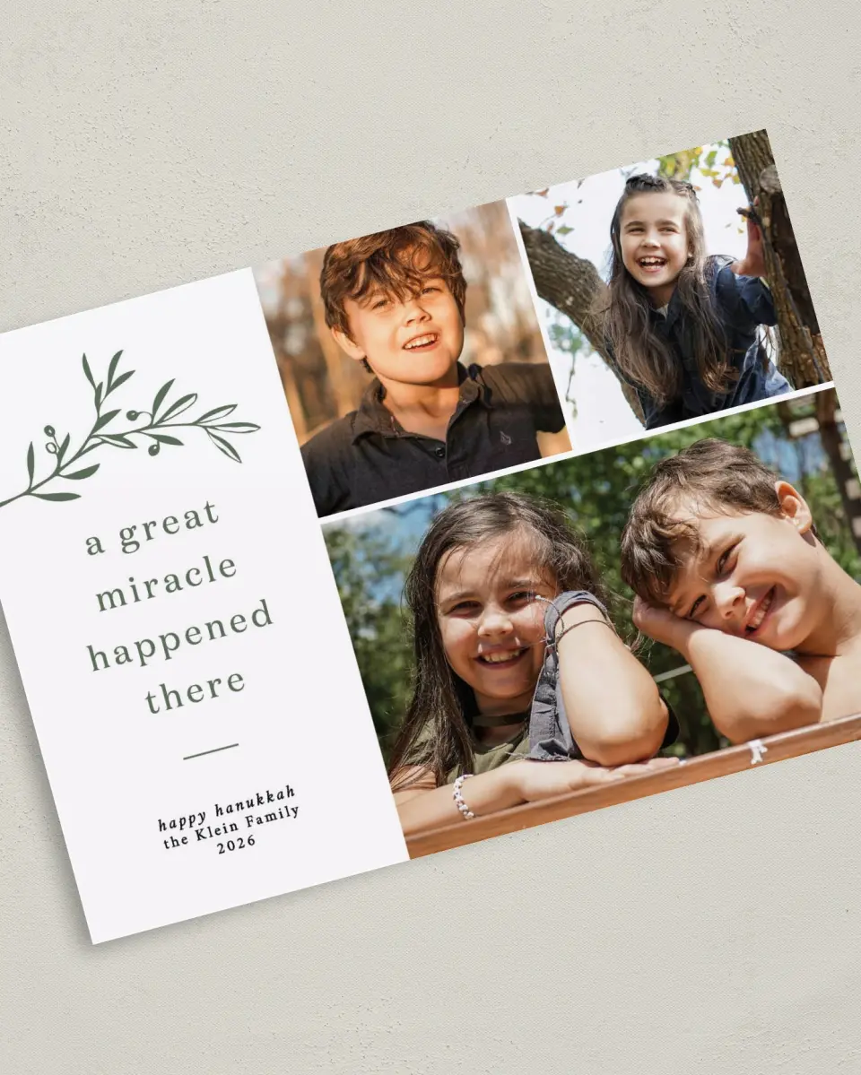 This is a 5" x 7" Hanukkah Card called Olive the Wishes printed in full color with Silver foil on Luxe Satin (coated) paper