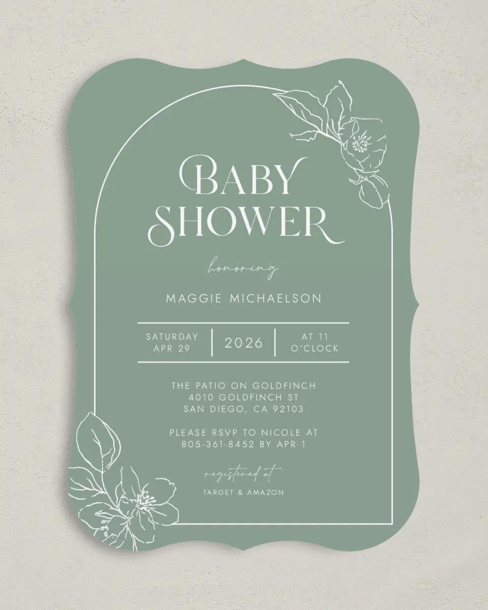 This is a 5" x 7" Baby Shower Invitation called Joyous Blooms printed in full color on Premium Smooth paper