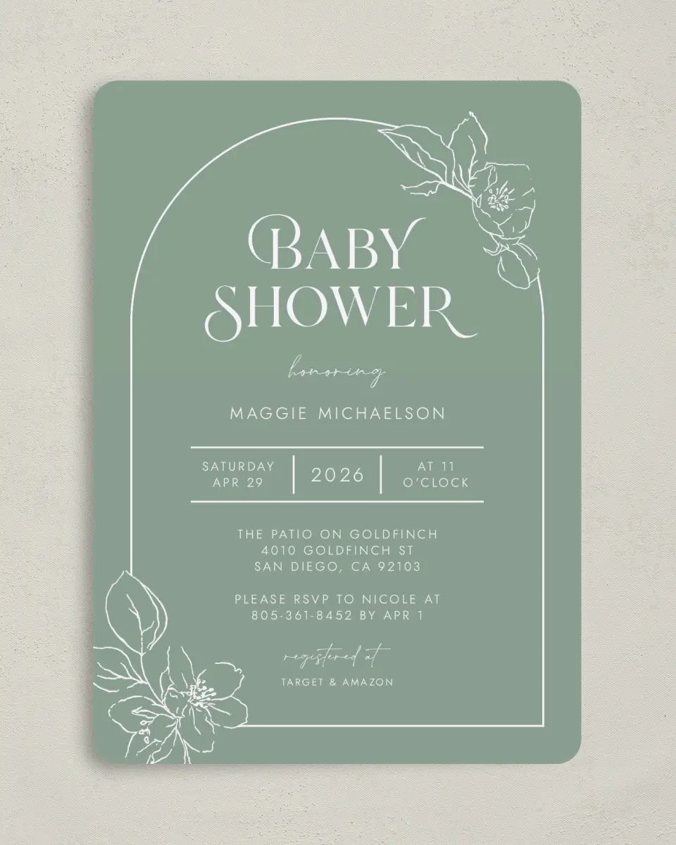 This is a 5" x 7" Baby Shower Invitation called Joyous Blooms printed in full color on Premium Smooth paper