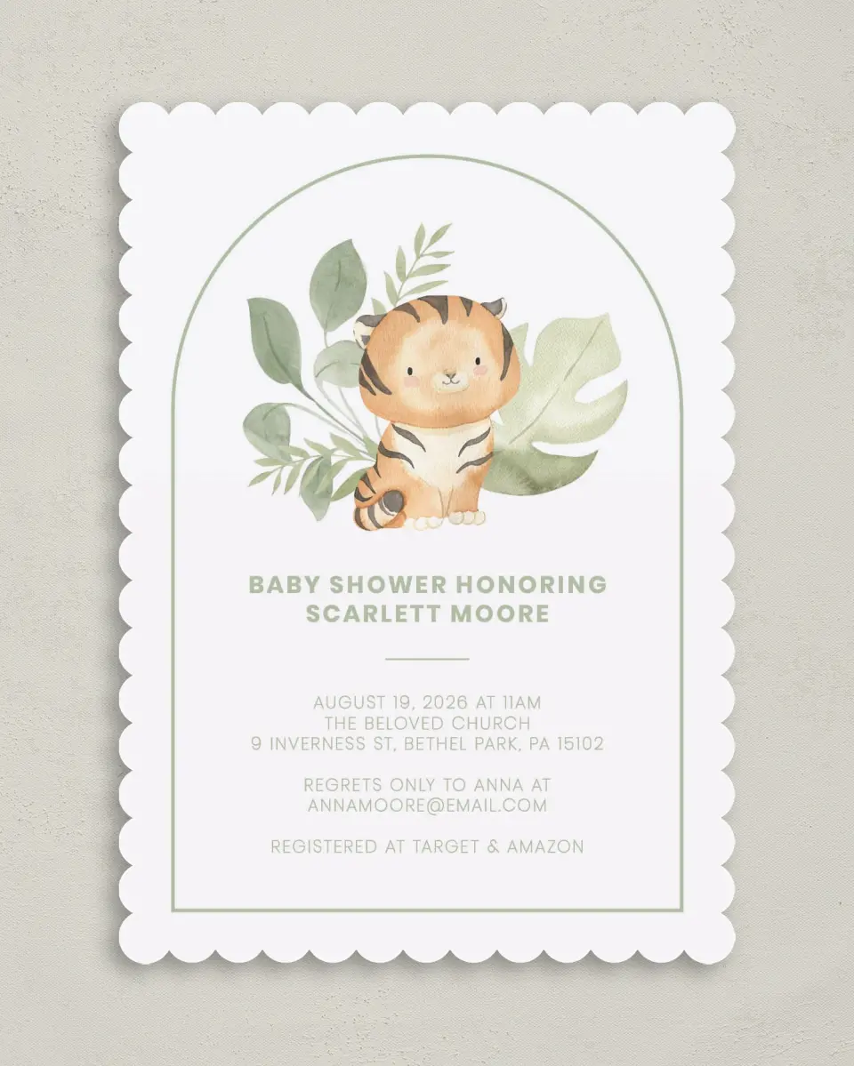 This is a 5" x 7" Baby Shower Invitation called Baby Tiger printed in full color on Premium Smooth paper