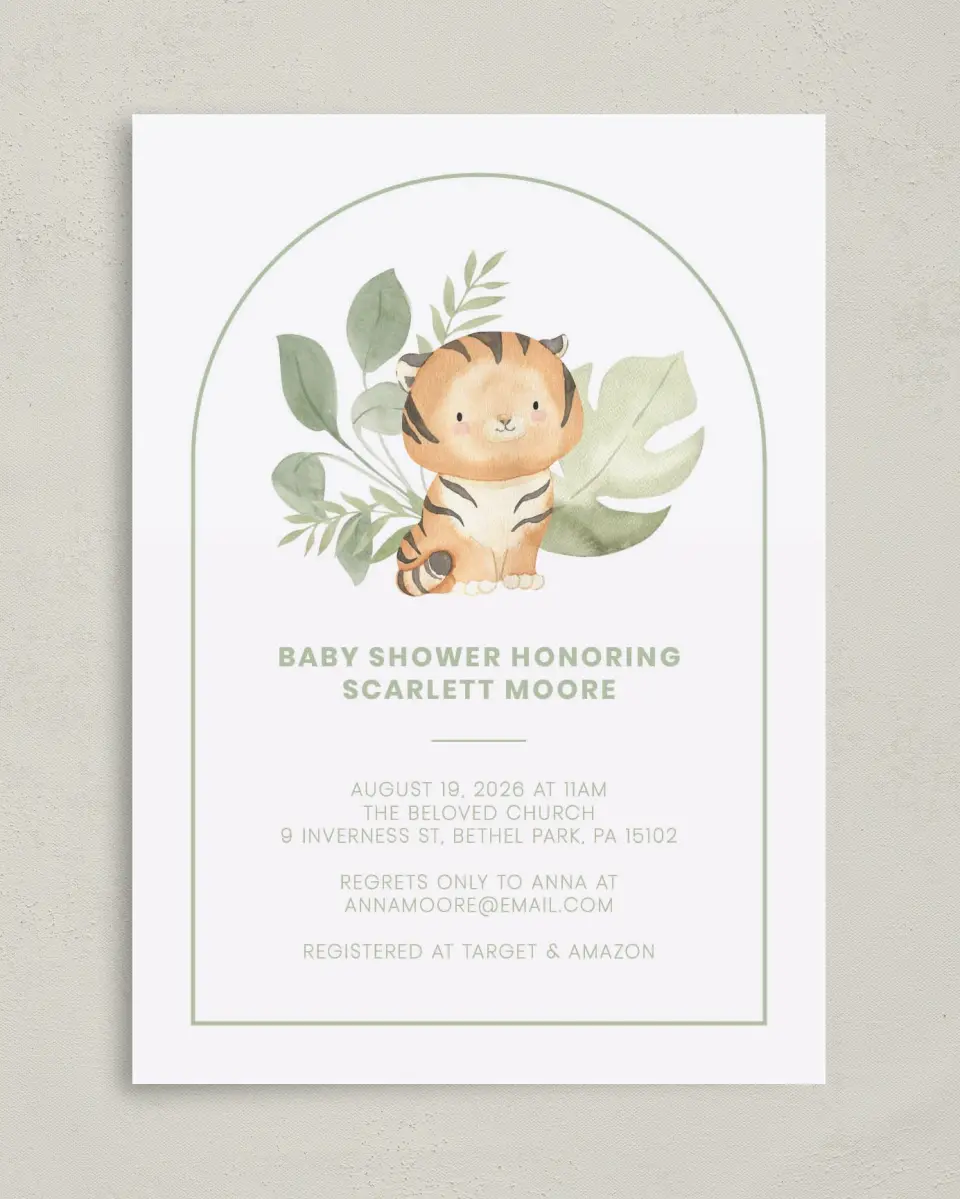 This is a 5" x 7" Baby Shower Invitation called Baby Tiger printed in full color on Premium Smooth paper