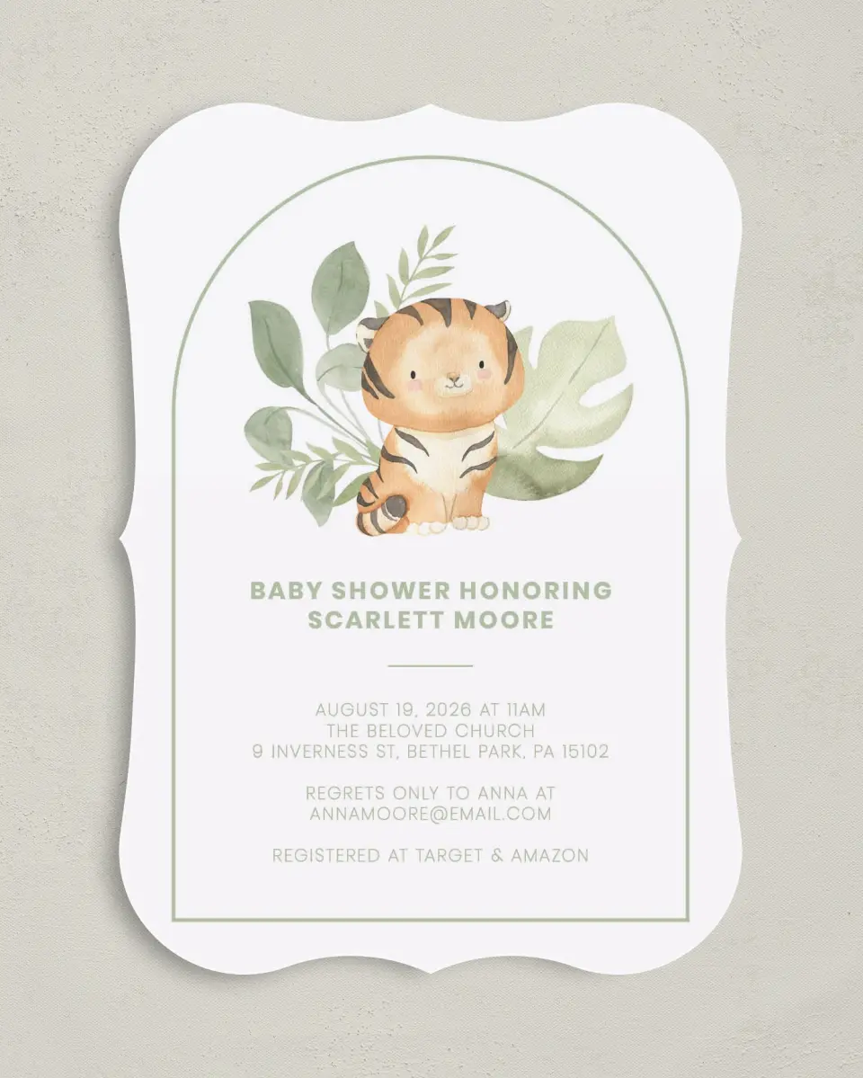 This is a 5" x 7" Baby Shower Invitation called Baby Tiger printed in full color on Premium Smooth paper