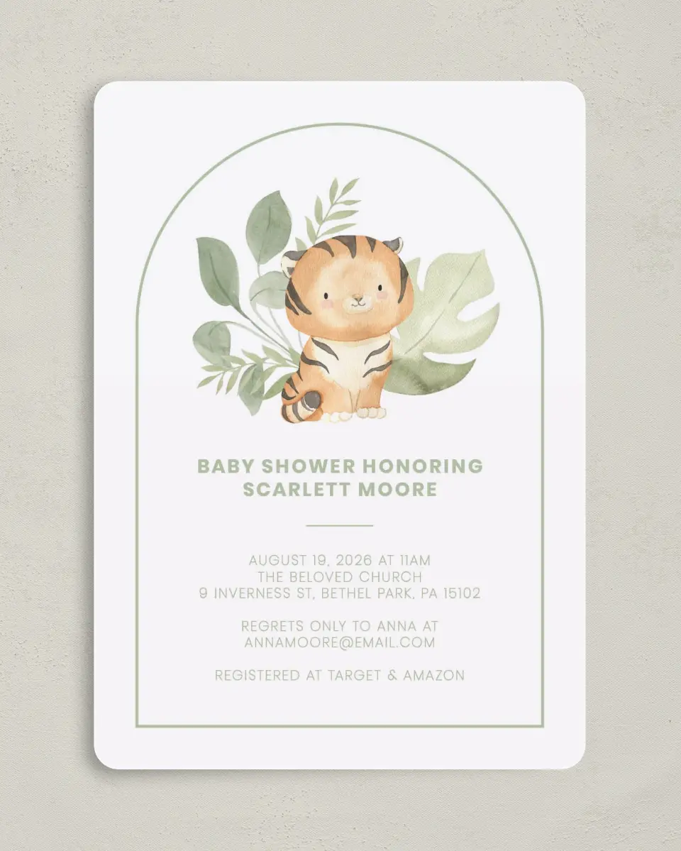 This is a 5" x 7" Baby Shower Invitation called Baby Tiger printed in full color on Premium Smooth paper