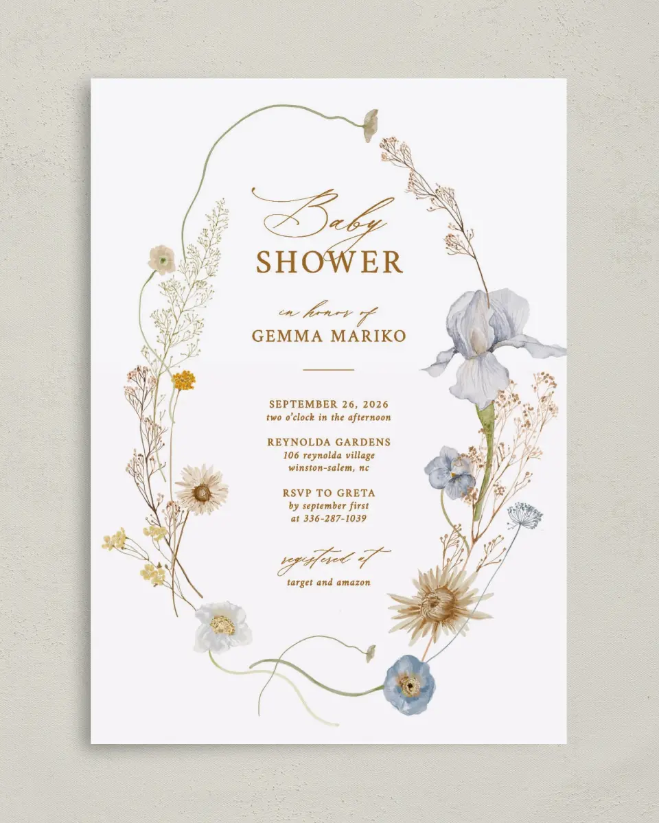 This is a 5" x 7" Baby Shower Invitation called Wildflower Baby printed in full color on Premium Smooth paper