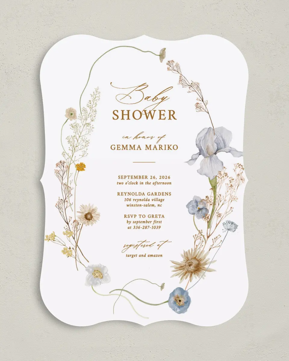 This is a 5" x 7" Baby Shower Invitation called Wildflower Baby printed in full color on Premium Smooth paper