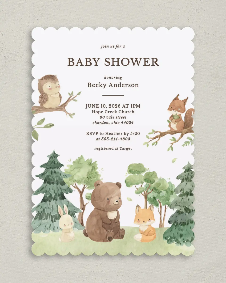 This is a 5" x 7" Baby Shower Invitation called Woodland Scene printed in full color on Premium Smooth paper