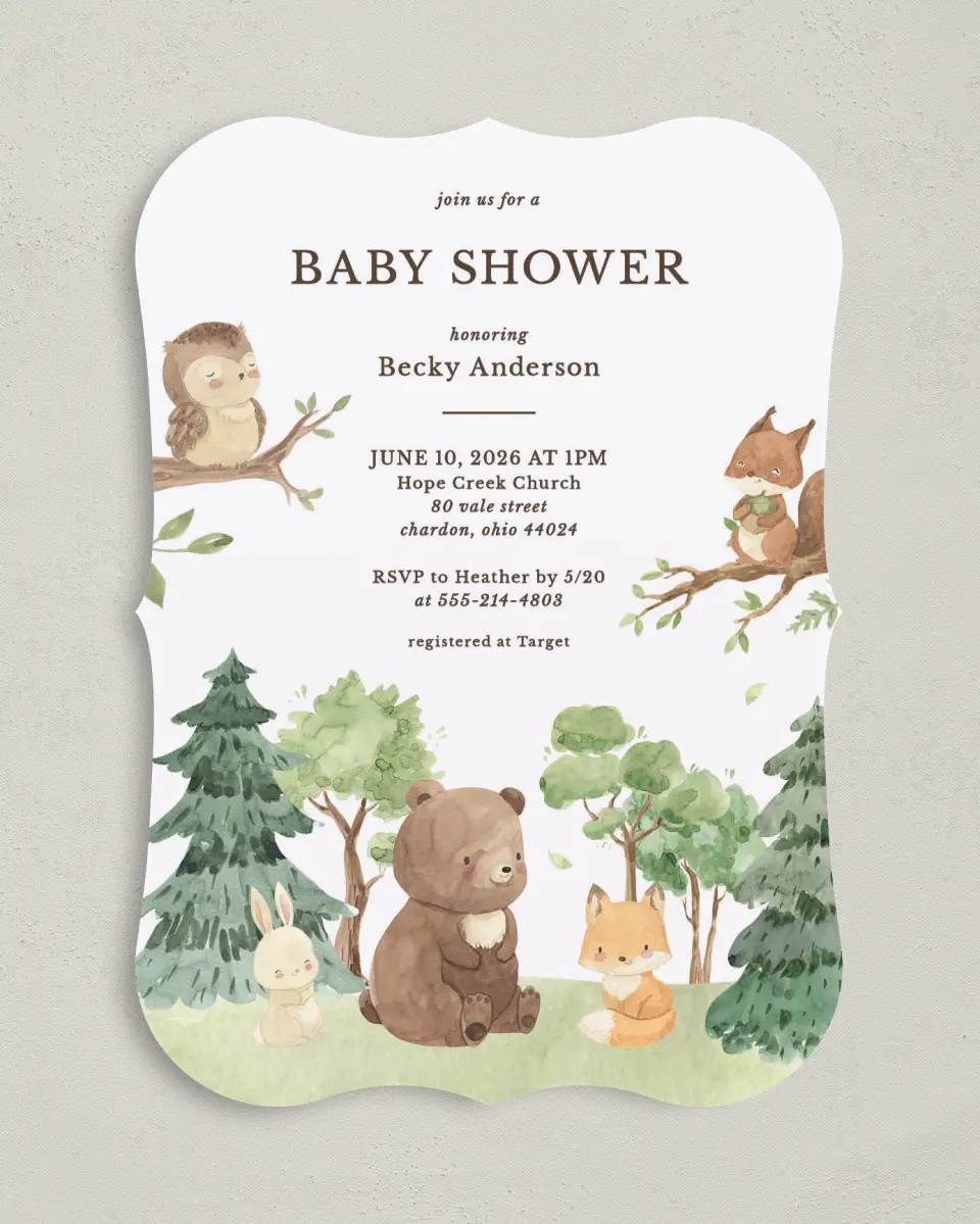 This is a 5" x 7" Baby Shower Invitation called Woodland Scene printed in full color on Premium Smooth paper