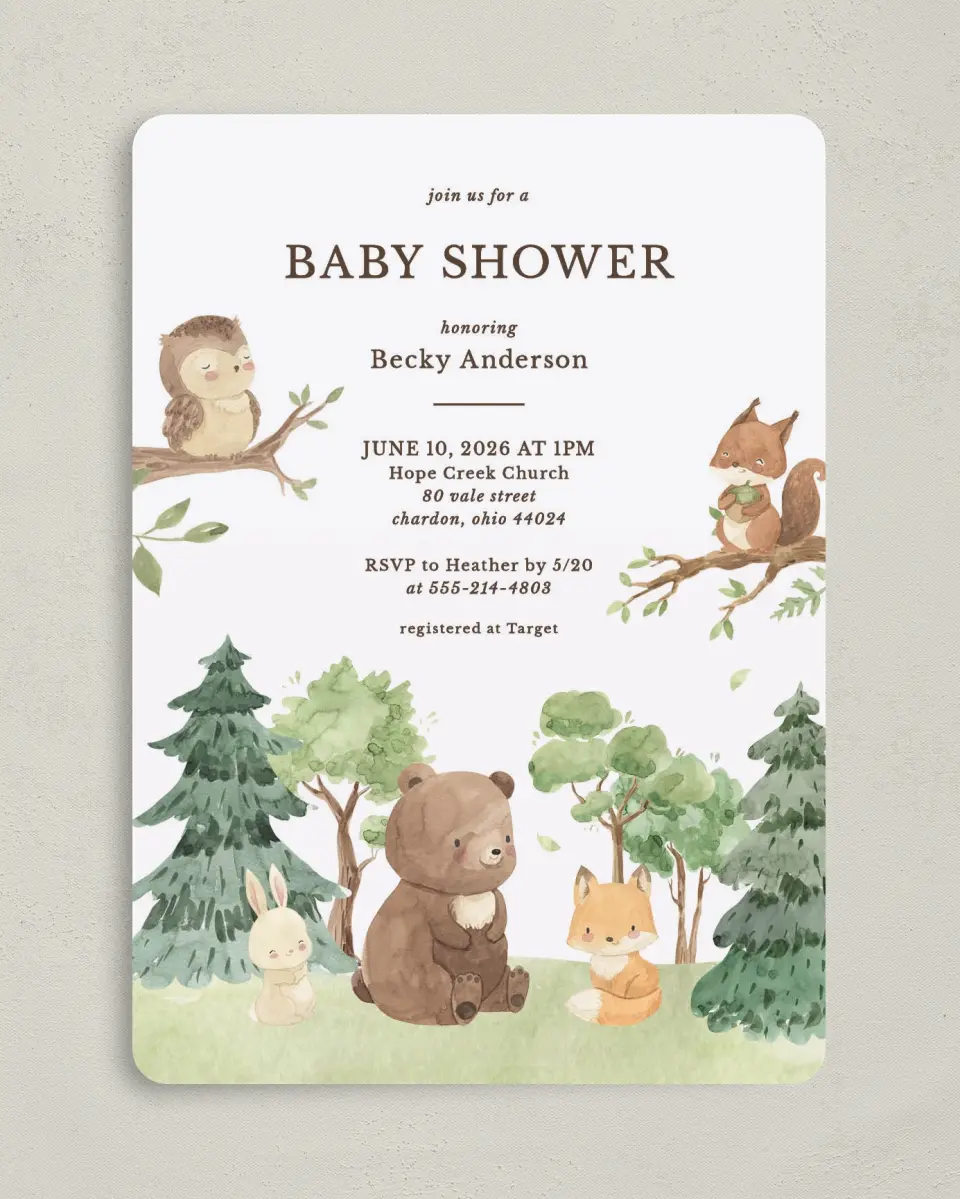 This is a 5" x 7" Baby Shower Invitation called Woodland Scene printed in full color on Premium Smooth paper