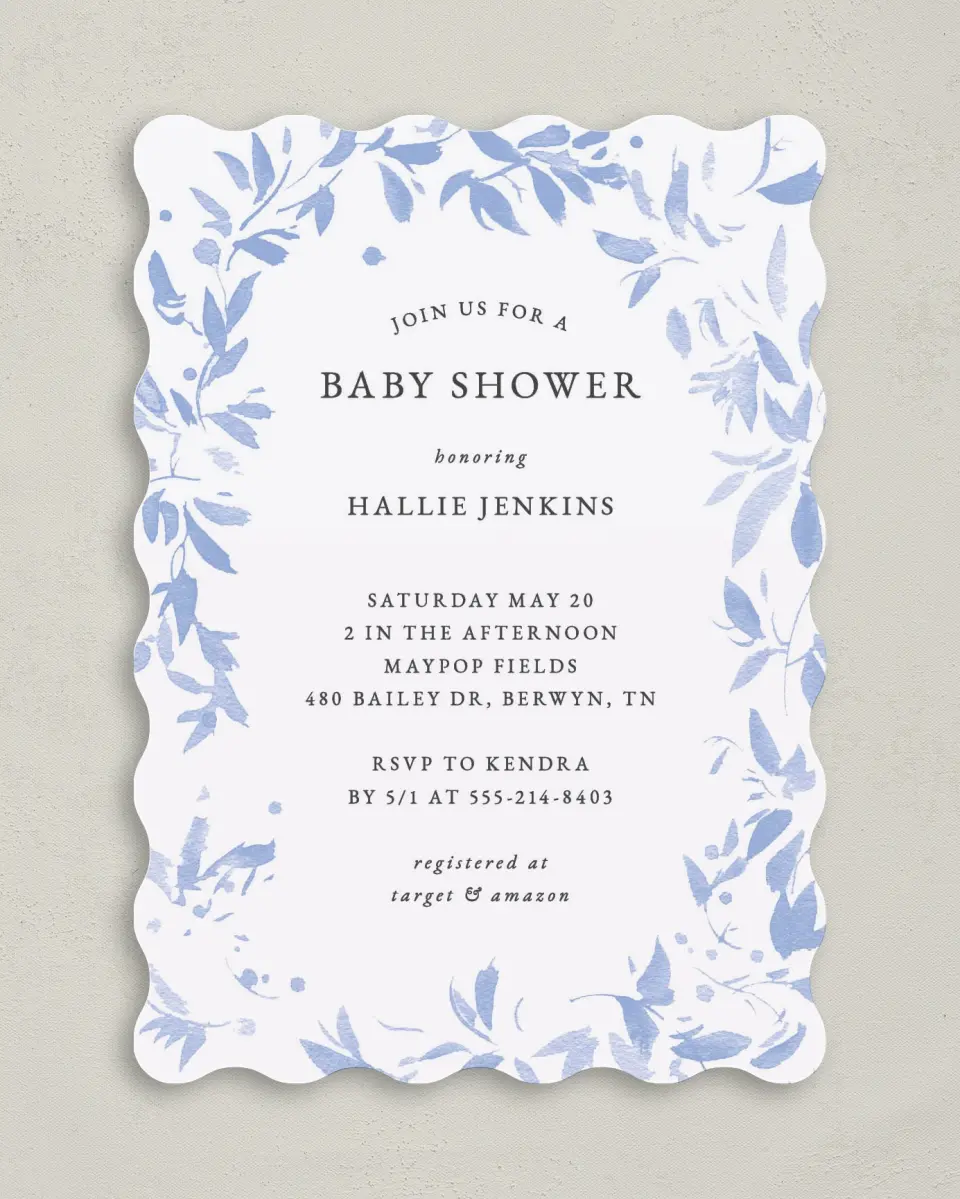 This is a 5" x 7" Baby Shower Invitation called Spring Surround printed in full color with Gold foil on Luxe Satin (coated) paper
