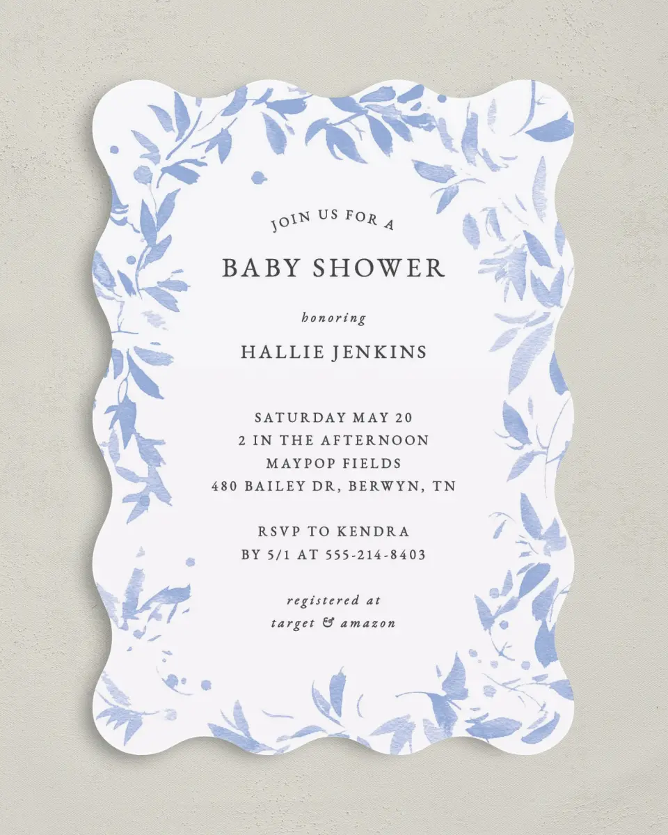 This is a 5" x 7" Baby Shower Invitation called Spring Surround printed in full color with Rose Gold foil on Luxe Satin (coated) paper