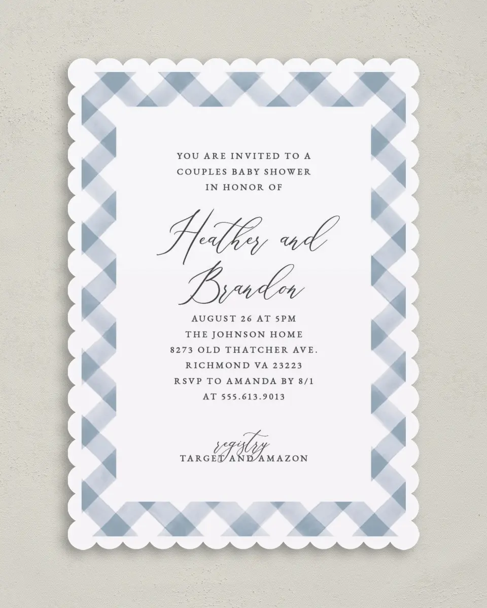 This is a 5" x 7" Baby Shower Invitation called Checked Frame printed in full color on Premium Smooth paper