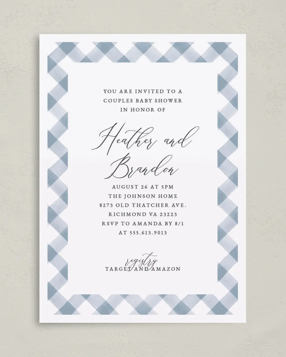 This is a 5" x 7" Baby Shower Invitation called Checked Frame printed in full color on Premium Smooth paper