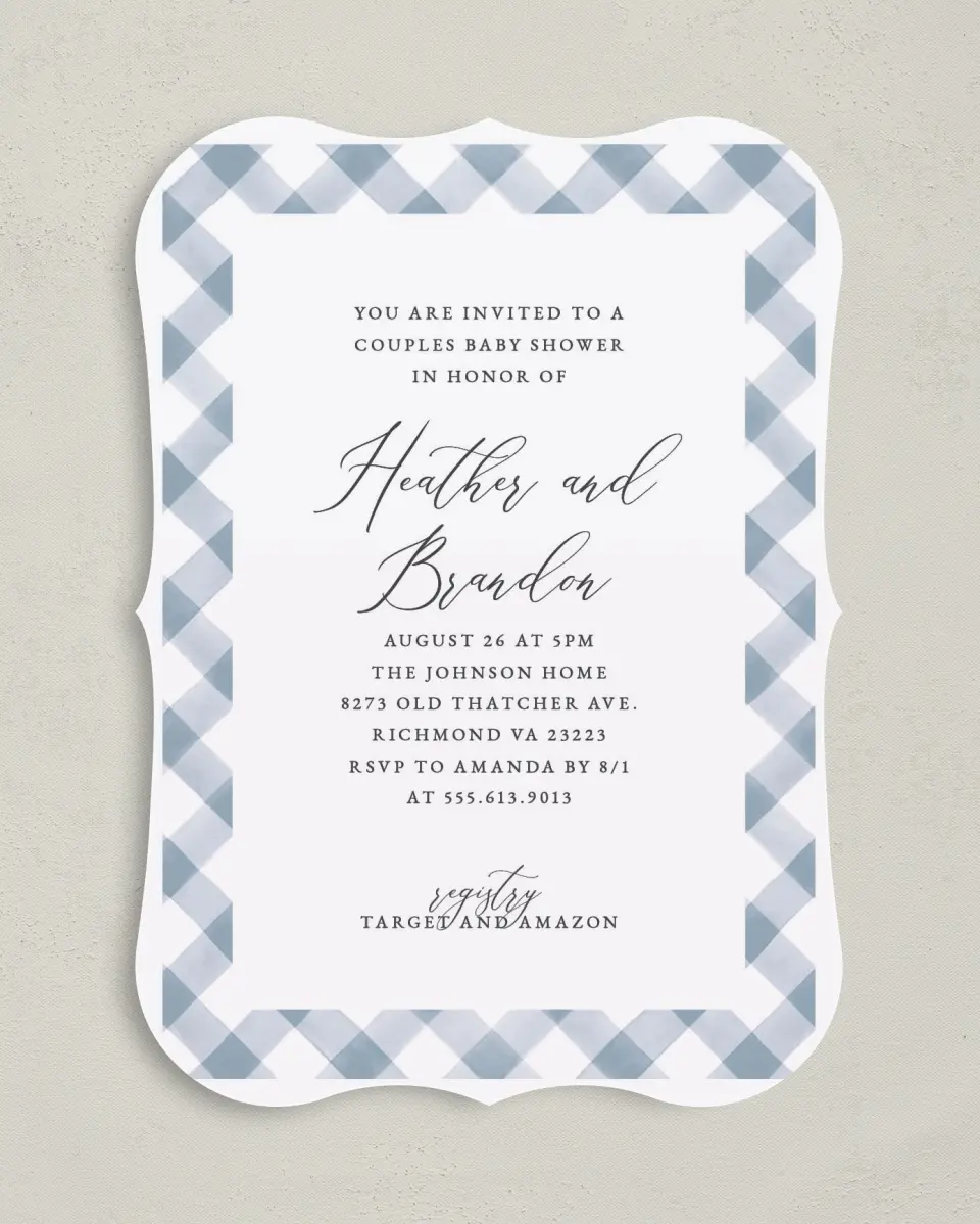 This is a 5" x 7" Baby Shower Invitation called Checked Frame printed in full color on Premium Smooth paper