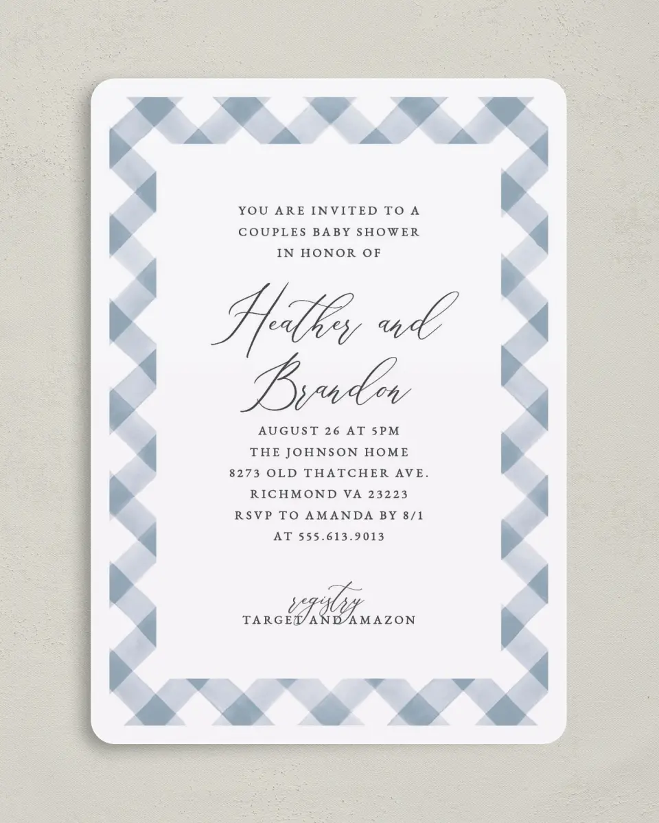 This is a 5" x 7" Baby Shower Invitation called Checked Frame printed in full color on Premium Smooth paper