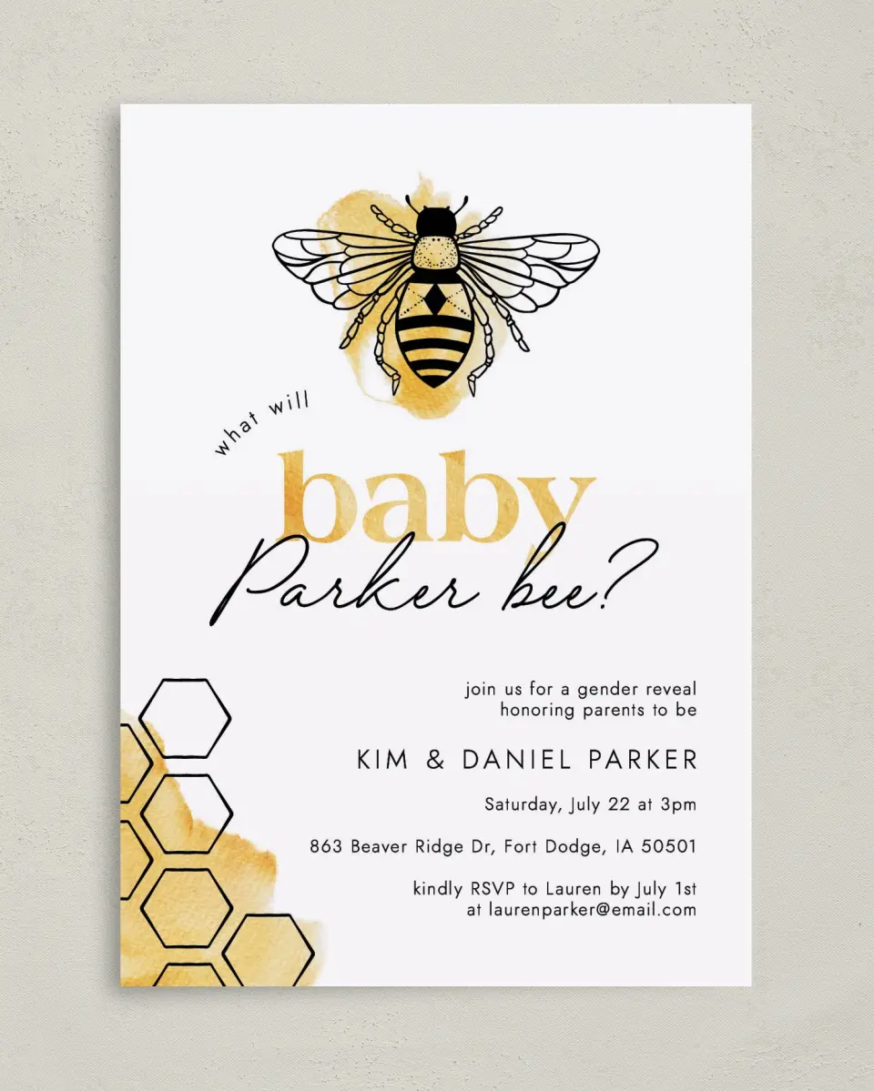 This is a 5" x 7" Baby Shower Invitation called Baby Bee printed in full color on Premium Smooth paper