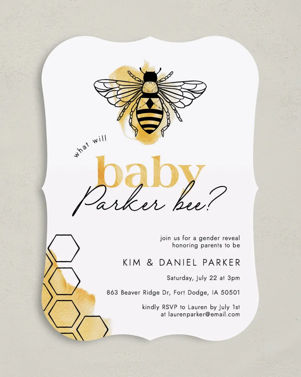 This is a 5" x 7" Baby Shower Invitation called Baby Bee printed in full color on Premium Smooth paper