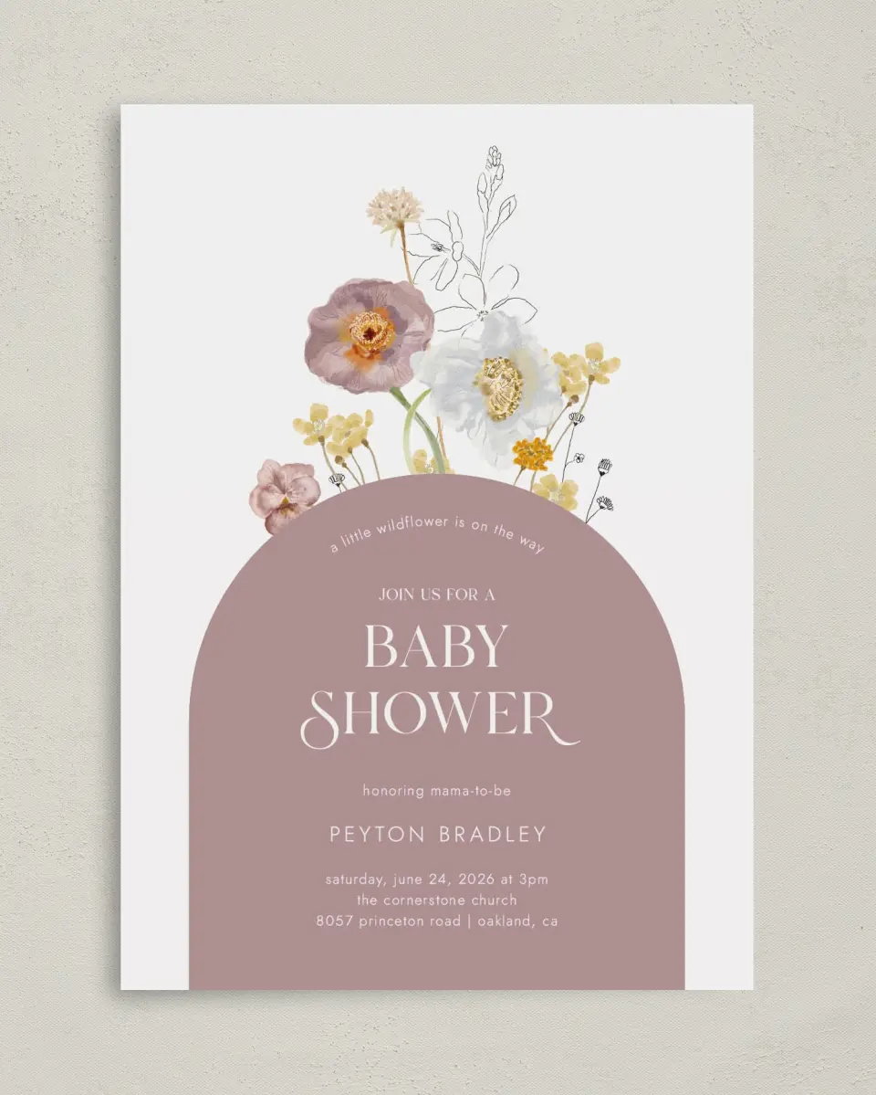 This is a 5" x 7" Baby Shower Invitation called Little Wildflower printed in full color with Silver foil on Luxe Satin (coated) paper