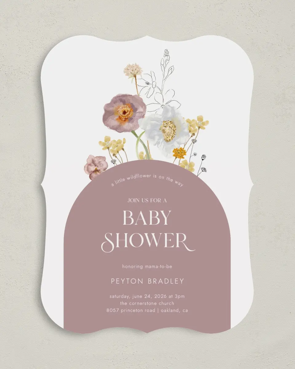 This is a 5" x 7" Baby Shower Invitation called Little Wildflower printed in full color on Premium Smooth paper