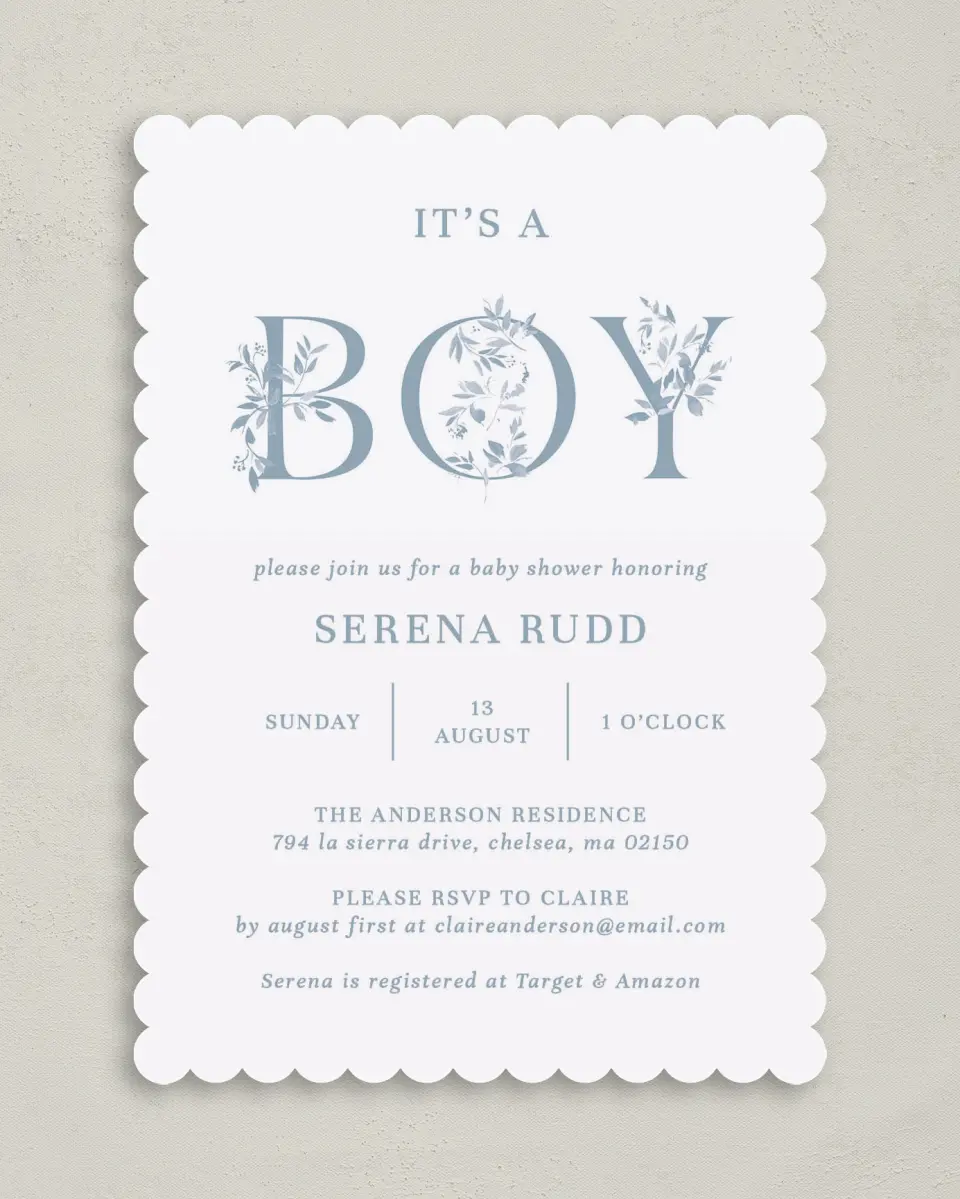 This is a 5" x 7" Baby Shower Invitation called Floral Boy printed in full color on Premium Smooth paper