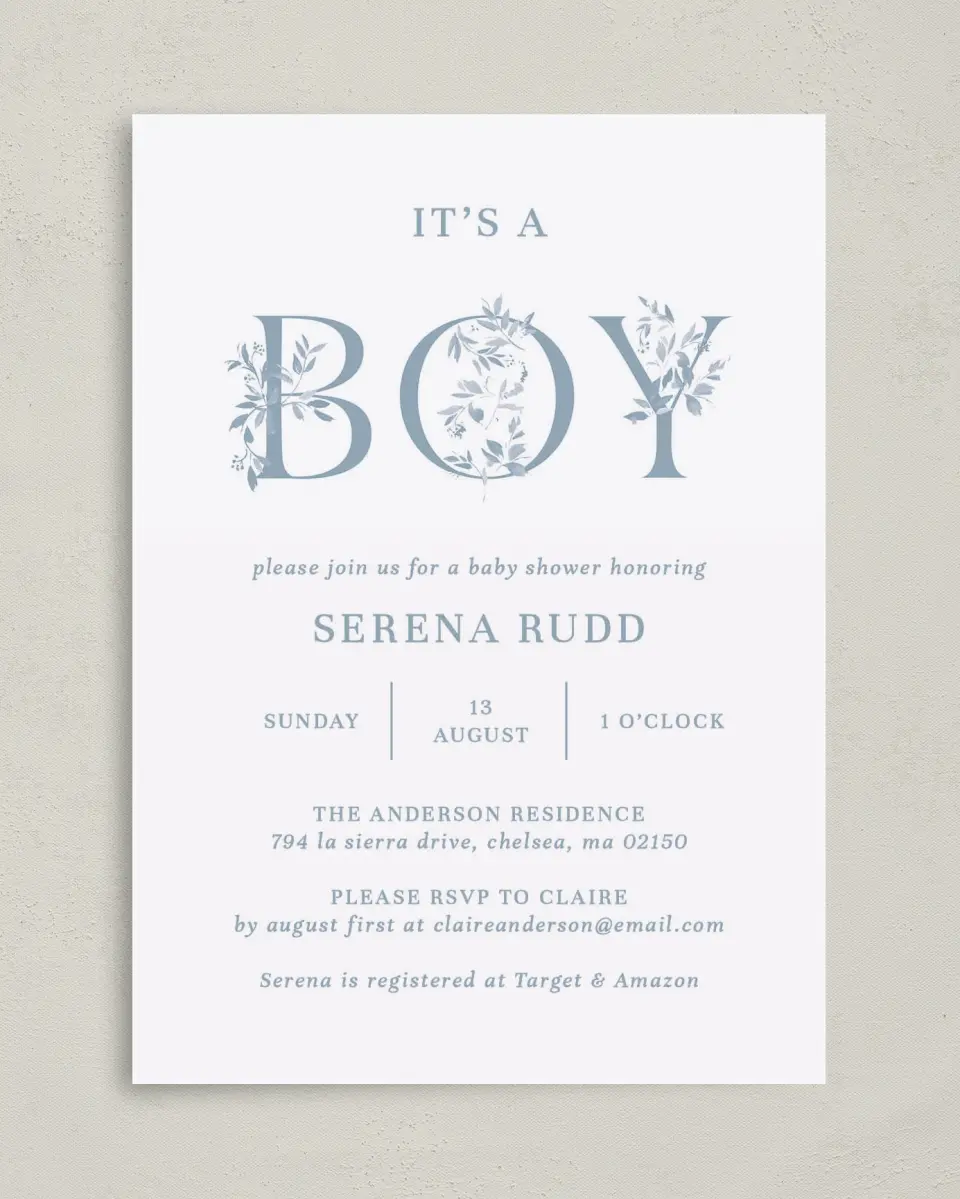 This is a 5" x 7" Baby Shower Invitation called Floral Boy printed in full color on Premium Smooth paper
