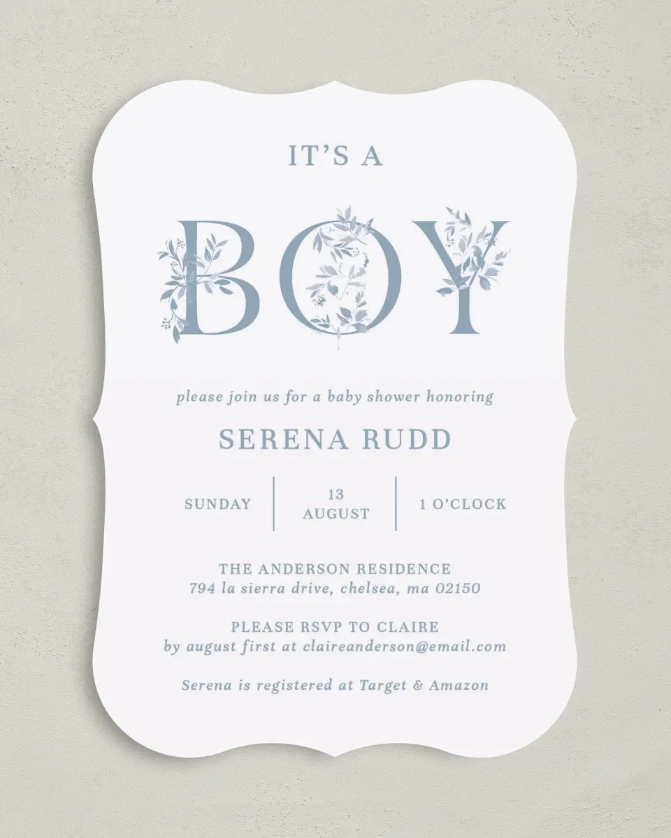 This is a 5" x 7" Baby Shower Invitation called Floral Boy printed in full color on Premium Smooth paper