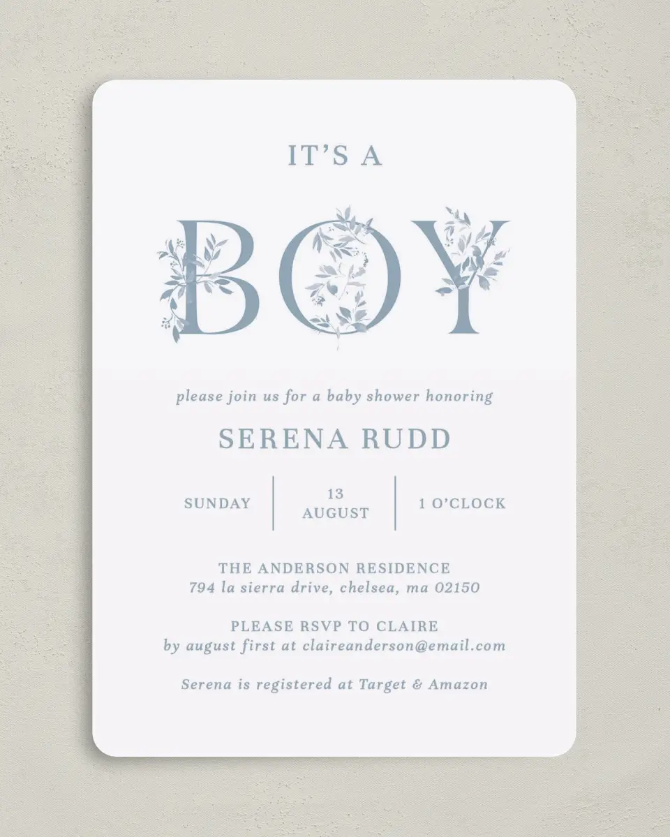 This is a 5" x 7" Baby Shower Invitation called Floral Boy printed in full color on Premium Smooth paper