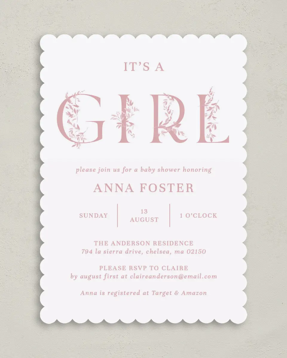 This is a 5" x 7" Baby Shower Invitation called Floral Girl printed in full color on Premium Smooth paper