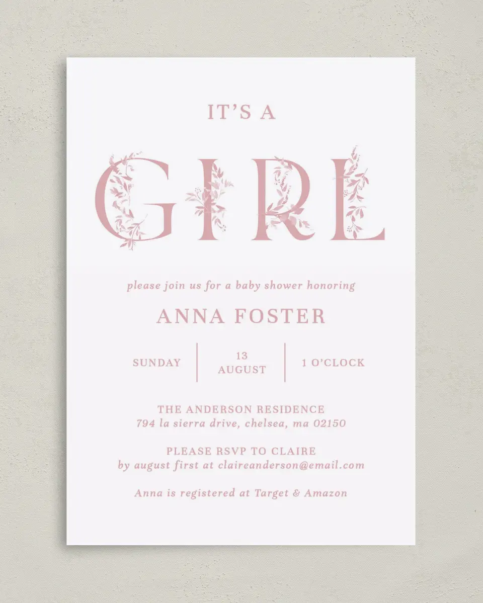 This is a 5" x 7" Baby Shower Invitation called Floral Girl printed in full color on Premium Smooth paper